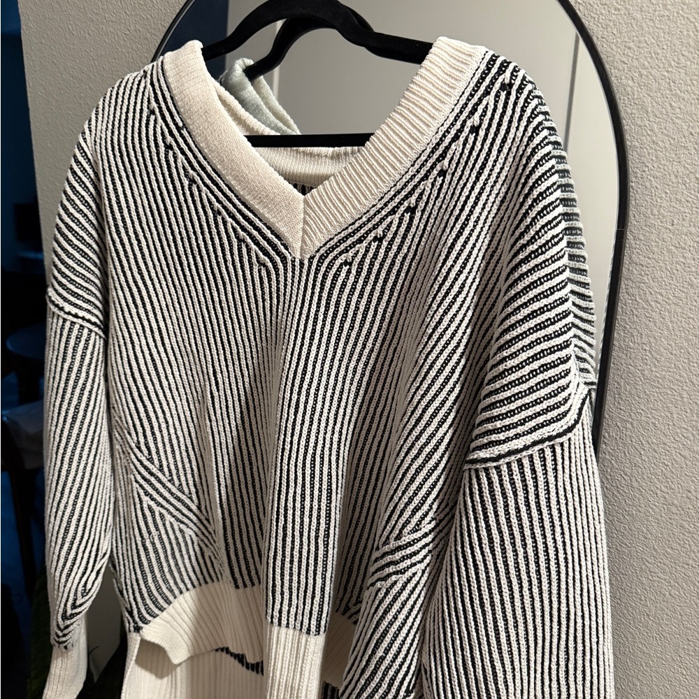 Aerie Chenille Black and White Striped V-Neck Sweater